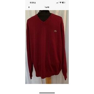 Lacoste Men’s V-Neck Sweater 100% Cotton Classic Fit Red/Burgundy Size 6/US XL